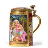 A Gilt Metal Mounted Vienna Porcelain Tankard and Cover, circa 1900, of cylindrical form with