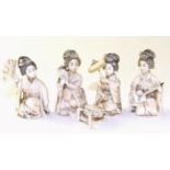 A Set of Four Japanese Ivory Figures of Musicians, Meiji period, each as a kneeling Geisha in