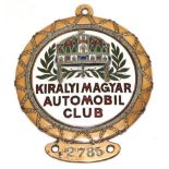 A 1920's/30's Kiralyi Magyar Automobil Club Brass and Enamelled Car Badge, numbered 2785, with three