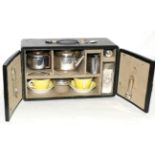 A Vintage Black Leather Picnic Set, early 20th century, with later carrying handle, two cupboard