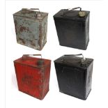 Four 1930's Shell Two Gallon Petrol Cans, comprising two black painted, one red and grey, 28cm by