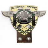 A Car Badge Petersen Racing (Bentley) showing a Le Mans racing Bentley with chequered flags and
