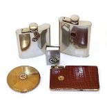 MG Automobilia, to include two stainless steel hip flasks with red enamel MG badge, a brass circular