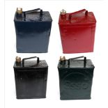 Four Vintage Two Gallon Petrol Cans, comprising an Esso green painted example, a red, blue and black