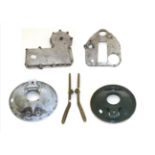 Spares for a 1930s 2 Litre Lagonda, to include two backing plates for front brakes, two metal