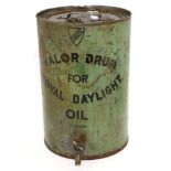 A Valor Five Gallon Green Circular Oil Drum, named Valor Drum for Royal Daylight Oil, with brass