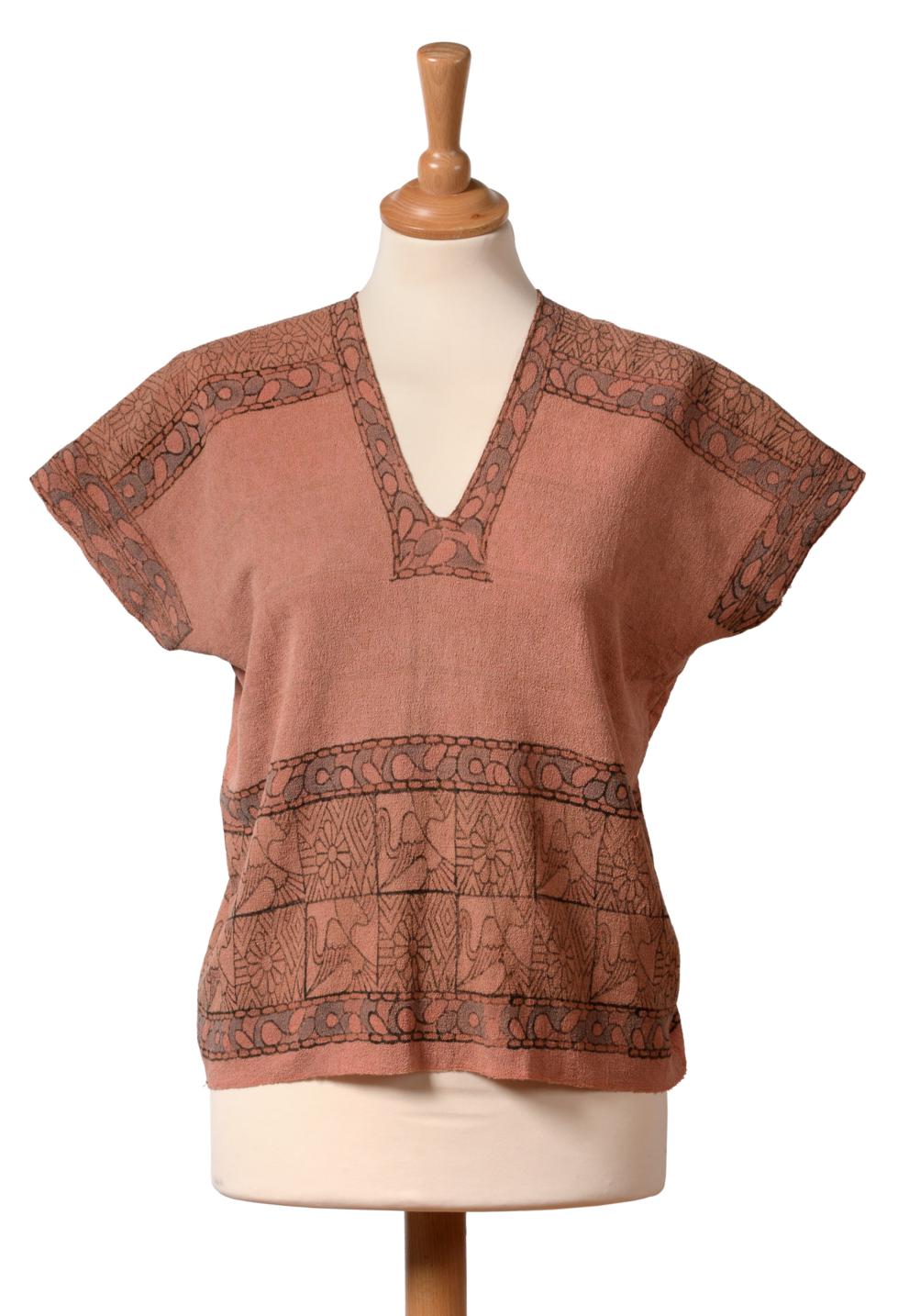 Circa 1920's Crepe Tunic Top by Raymond Duncan, on a pink crepe with a notch neck and back,