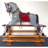 Early 20th Century Grey Painted and Carved Rocking Horse, in the manner of F H Ayres, on trestle