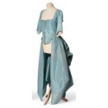 18th Century Turquoise à la Polonaise Plain Silk Gown, Circa 1770-1780, lacks petticoat, bodice