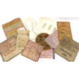 Seven Mid-Late 19th Century Unframed Mainly Woolwork Samplers, together with a Round Berlin Woolwork