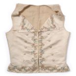 Ladies Cream Silk Embroidered Waistcoat, Circa 1790, the embroidery decorating the pointed lapels,