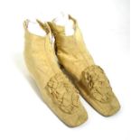 Pair of Ladies Cream Grosgrain Heeled Ankle Boots, Circa 1830-1850, with side lacing and fabric