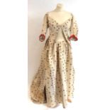 18th Century Cream Silk Open Robe and Matching Petticoat FRONT, Circa 1780-1800, woven with red