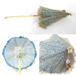 Early 19th Century Small Folding Carriage Parasol, cream needle lace cover lined with turquoise blue