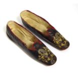 Pair of Ladies Glacé Kid Flat Slippers, Circa 1820's-1830's, finely embroidered with cornucopia