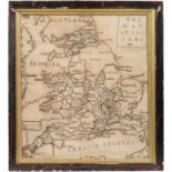 George III Needlework Map of Britain, dated 1807, worked on a heavy linen in black threads,