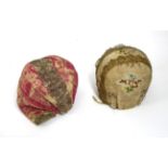 Late 18th Century European Cerise Woven Silk Bonnet, adorned with metallic trimming, cotton ties