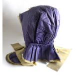 Early 19th Century Dark Lavender Silk Bonnet, pleated around the neck, quilted elsewhere, head