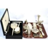 A group of silver items to include a caster, cream jug, compact, George III silver spoons, Art