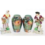 A pair of Sitzendorf porcelain figures and a pair of Burleigh ware lustre vases