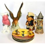 Assorted ceramics including two Royal Doulton tribal plates, a musical beer stein and five others (