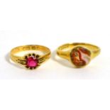 An 18ct gold moss agate ring and an 18ct gold gem set ring (2) Agate ring - Finger size P, 3.95g