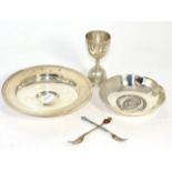 A modern silver Armada dish, a silver double spirit measure, an A E Jones Churchill dish and two