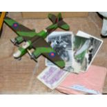POW model of a Blenheim Bomber from Dalton Airfield together with three WWI postcard and war issue