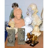 A pair of cast bronze horses together with a group of reproduction busts, bookends etc