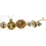 A seed pearl crescent brooch, another brooch and two lockets (4)