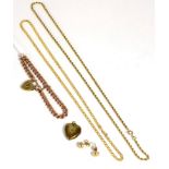 A 9ct gold bracelet, two chain necklaces, a locket and a pair of earrings