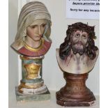A carved and polychrome bust of the Virgin Mary on column plinth base; and a polychrome plaster bust