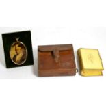 A glass hunting flask and plated sandwich box in a stitched leather case embossed G O Sandys,