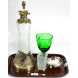 A late Victorian silver mounted glass decanter with associated stopper, a Sowerby glass posy vase, a