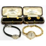 Two pairs of cased dress studs, stamped "18ct", a 9ct gold wristwatch on a bracelet strap and an