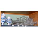 Five reproduction blue and white drug jars and various cut glass