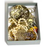 Three 9ct gold gem set brooches, a 9ct gold ring and costume jewellery