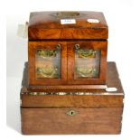 A 19th century burr walnut silk lined work box, together with an oak jewellery box of similar date