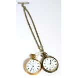 A silver pocket watch with attached silver chain and a gold plated pocket watch