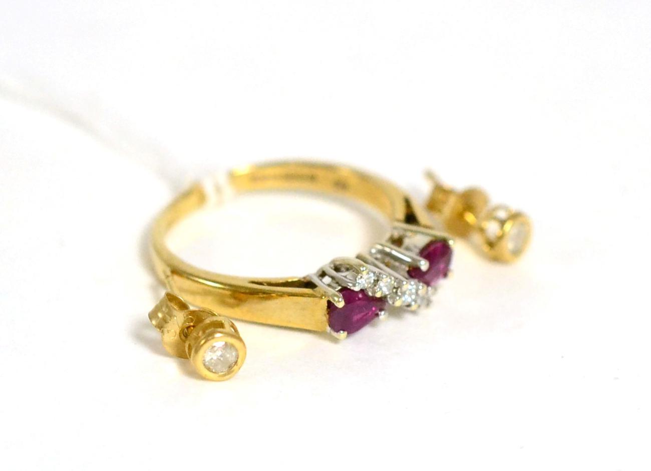 A 9ct gold ruby and diamond ring and a pair of solitaire diamond earrings (2)