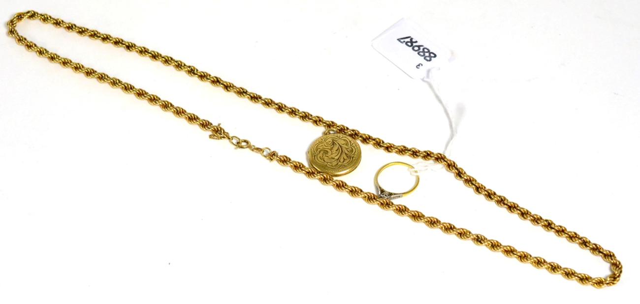 A 9ct gold ropework necklace; an 18ct gold and platinum single stone ring; and a 9ct gold locket