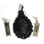 A vulcanite mourning pendant and a pair of Rennie Macintosh earrings