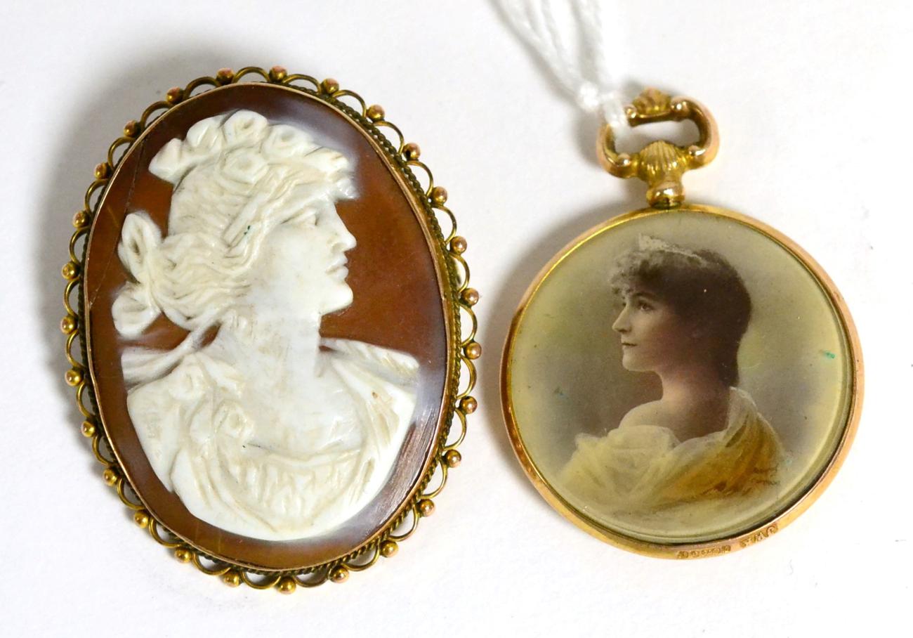 A 9ct gold framed shell cameo brooch and a portrait fob
