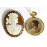 A 9ct gold framed shell cameo brooch and a portrait fob