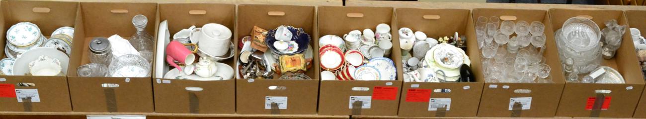 Nine boxes of assorted ceramics and glass, including Staffordshire spill vase, drinking glasses,