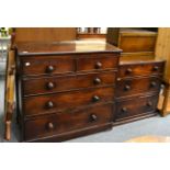 A Victorian mahogany four height chest of drawers, a three height chest of drawers and an oak