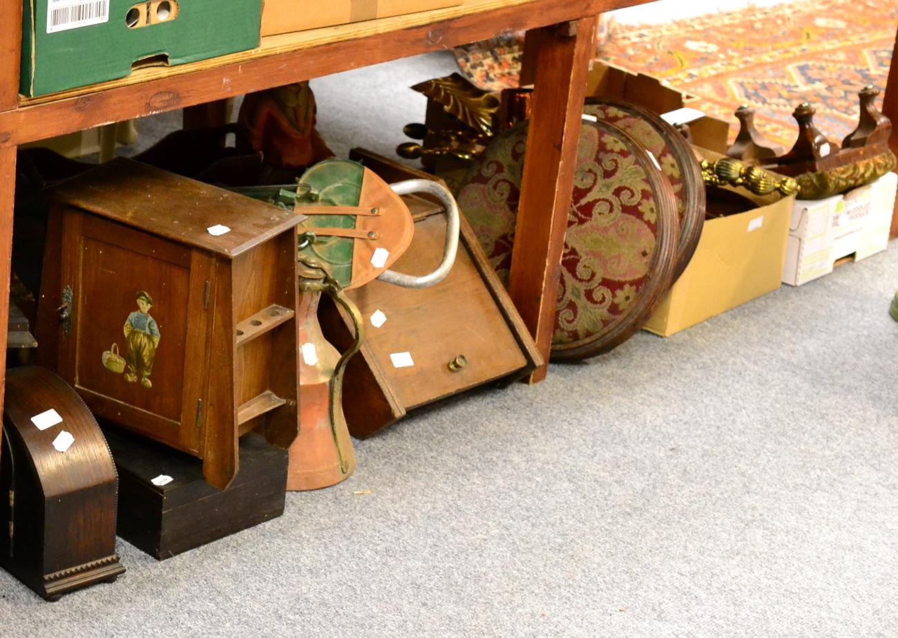 Tobacco cabinet, coal bucket, shooting stick, stool and a box of wood etc