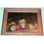 Continental School (20th century) Still life of a melon; glass and fruit, indistinctly signed, oil
