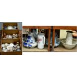 A group of 19th century and later ceramics including jugs, wash sets, part desert service, tea