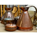 Two copper harvest jugs, two kettles etc